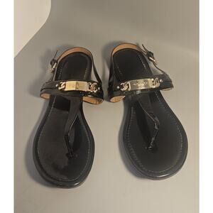 COACH Caterine Black Patent Leather T-Strap Thong Sandals Sling Back Flats, 9 B